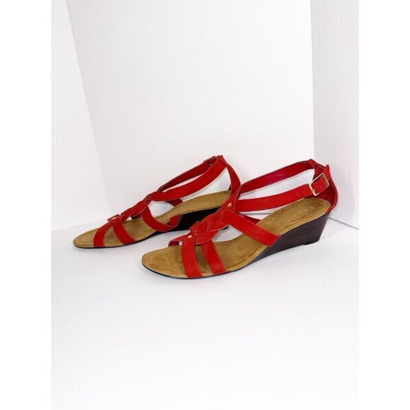 Ralph Lauren Demi Wedge Sandal Red Leather Strappy Gold Buckle Comfort 9.5 B - Picture 4 of 16